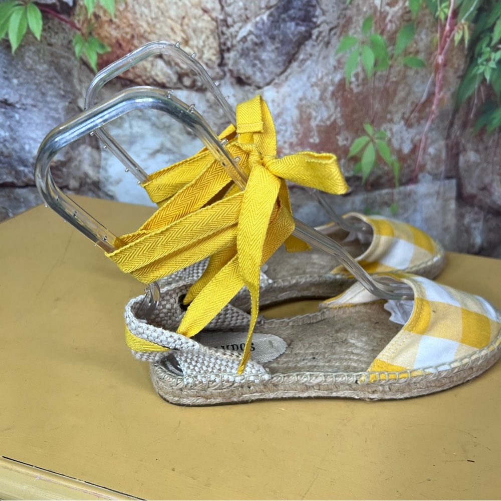 SOLUDOS Nautical Yellow/White Buffalo Check Lace-Up Espadrille Sandals, 7.5/38 - Picture 7 of 11